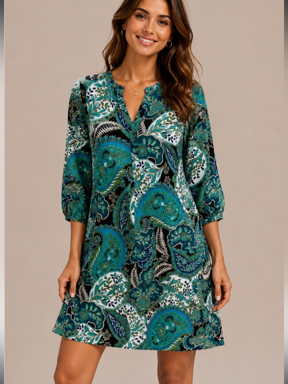 Banana Republic V-Neck Paisley Shift Midi Dress 3/4 Sleeve Vacation Beach Sz MP